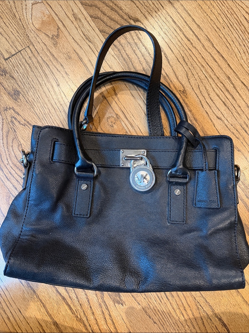 Michael Kors Black Leather Satchel with Silver Lock Charm